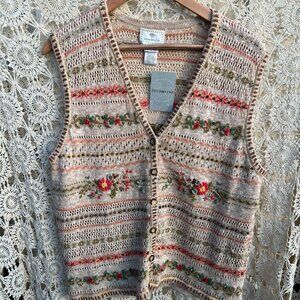 Vintage Cream and Pink Floral Sweater Vest by Susan Bristol / L